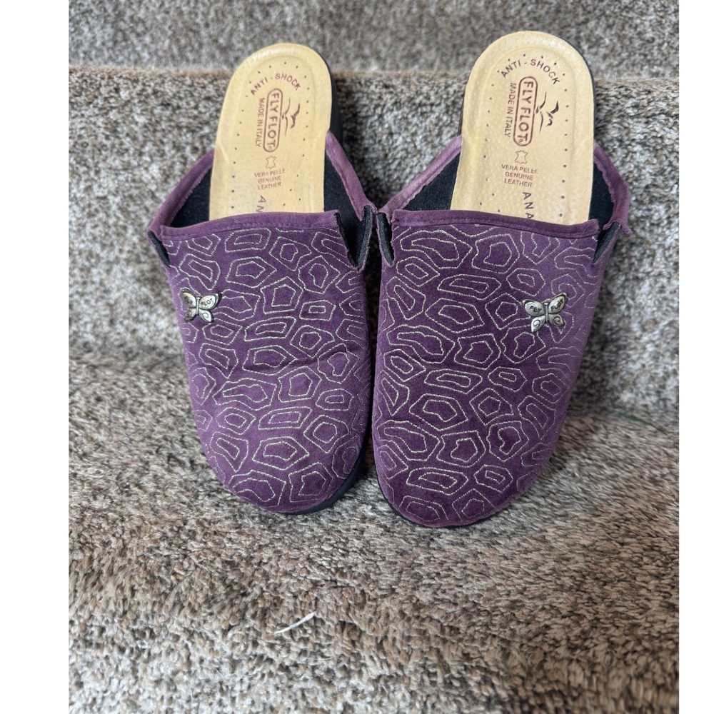 FLY FLOT Purple Velvet Slippers Made‎ In Italy Anti-Shock Leather Size 41/10